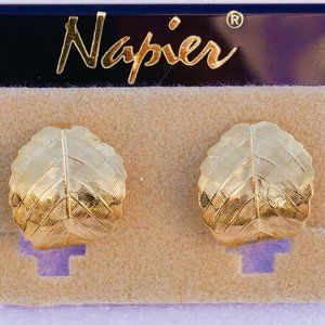 Vintage Signed Napier Rich Gold Leaf Leaves Hoop Clip Earrings Couture